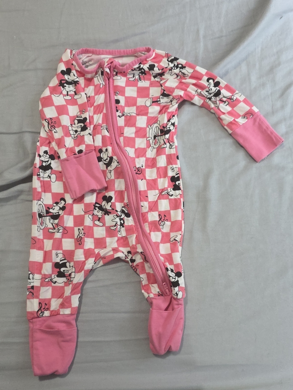 Disney Pink & White Checkered Mickey Mouse Footed One-Piece - Double Zipper